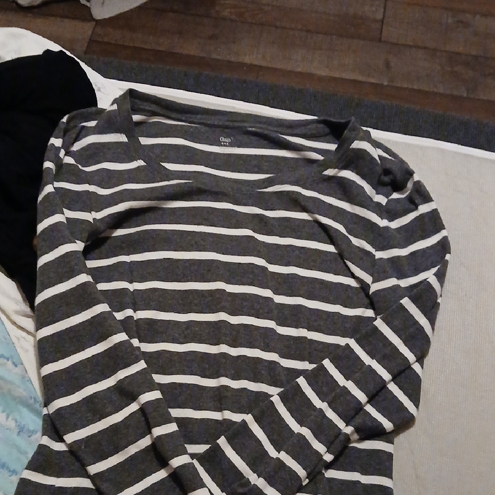 Gray and White Striped Long Sleeve Top